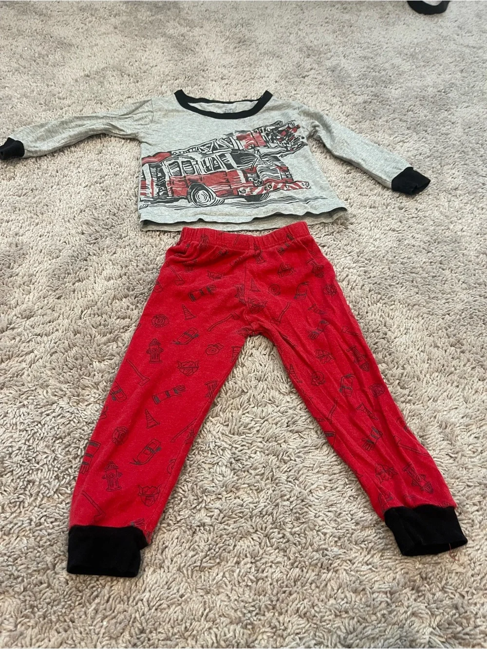 Kids Red Firetruck Pajama Set with Gray Top